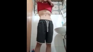 Asian Twink Strips down and Jerks in Bathroom