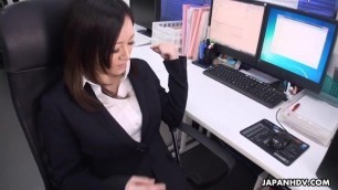 Asian office worker with stockings rubs her pussy with a sex