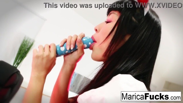 Sexy Asian Marica Hase uses a glass toy on her wet pussy